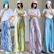 ワイドパンツ プリーツパンツ ロングパンツ レディース 長ズボン ボトムス ワンサイズ 総柄 マーブル柄 模様 カラフル 派手 薄手 リゾート 婦人服 ハイウエスト ラフ 楽ちん カジュアル ダンス 外出 お出掛け