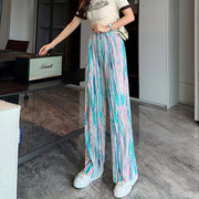 ワイドパンツ プリーツパンツ ロングパンツ レディース 長ズボン ボトムス ワンサイズ 総柄 マーブル柄 模様 カラフル 派手 薄手 リゾート 婦人服 ハイウエスト ラフ 楽ちん カジュアル ダンス 外出 お出掛け