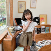 ショートパンツ キュロットスカート 半ズボン キッズ 子供服 女の子 ボトムス 無地 ウエスト紐 リボン ウエストゴム かわいい おしゃれ お出かけ カジュアル 普段着 遊び着 通学 女児 白 緑 カーキ 90 100 110 120 130 140