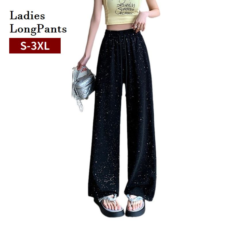 ロングパンツ セミワイドパンツ 長ズボン レディース ボトムス イージーパンツ ラメ キラキラ ウエストゴム 婦人服 女性用 大きいサイズあり カジュアル 楽ちん 普段着 お出掛け 部屋着 ルームウェア S M L XL 2XL 3XL