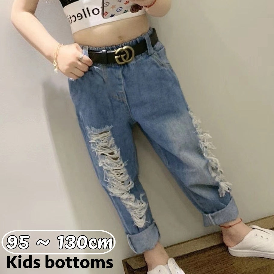 ロングパンツ デニムパンツ ダメージ加工 キッズ 子供 女の子 男の子 ボトムス ジーパン ジーンズ ウエストゴム カジュアル 着回し お洒落 お出かけ 普段使い 子供服 女児 男児