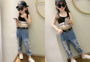 ロングパンツ デニムパンツ ダメージ加工 キッズ 子供 女の子 男の子 ボトムス ジーパン ジーンズ ウエストゴム カジュアル 着回し お洒落 お出かけ 普段使い 子供服 女児 男児