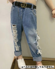 ロングパンツ デニムパンツ ダメージ加工 キッズ 子供 女の子 男の子 ボトムス ジーパン ジーンズ ウエストゴム カジュアル 着回し お洒落 お出かけ 普段使い 子供服 女児 男児
