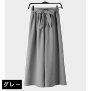 ガウチョパンツ ワイドパンツ レディース 女性 婦人 ズボン パンツ ボトムス リボン 無地 黒 グレー カーキ色 単色 シンプル かわいい カジュアル 部屋着 お出かけシーン