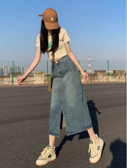 ロングスカート デニム ミモレ丈 前スリット レディース 婦人服 ボトムス Aライン 台形 ハイウエスト おしゃれ かわいい 大きいサイズ カジュアル デイリー 普段使い オフの日 お出かけ