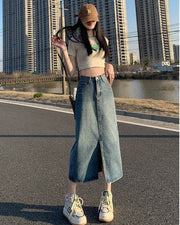 ロングスカート デニム ミモレ丈 前スリット レディース 婦人服 ボトムス Aライン 台形 ハイウエスト おしゃれ かわいい 大きいサイズ カジュアル デイリー 普段使い オフの日 お出かけ