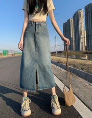 ロングスカート デニム ミモレ丈 前スリット レディース 婦人服 ボトムス Aライン 台形 ハイウエスト おしゃれ かわいい 大きいサイズ カジュアル デイリー 普段使い オフの日 お出かけ