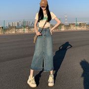 ロングスカート デニム ミモレ丈 前スリット レディース 婦人服 ボトムス Aライン 台形 ハイウエスト おしゃれ かわいい 大きいサイズ カジュアル デイリー 普段使い オフの日 お出かけ