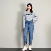 デニムパンツ ロングパンツ ジーンズ ジーパン レディース 女性 ボトムス 大きいサイズ ゆったり ラフ ハイウエスト 9分丈 ストレート 無地 単色 ポケット付き ウエストゴム おしゃれ カジュアル かっこいい ベーシック 定番 着回し ヘビロテ お出かけ 運動 青