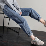 デニムパンツ ロングパンツ ジーンズ ジーパン レディース 女性 ボトムス 大きいサイズ ゆったり ラフ ハイウエスト 9分丈 ストレート 無地 単色 ポケット付き ウエストゴム おしゃれ カジュアル かっこいい ベーシック 定番 着回し ヘビロテ お出かけ 運動 青