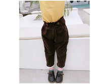 ハイウエストパンツ デザインパンツ コーデュロイ 裏起毛 長ズボン ロングパンツ 子供用 キッズ ボトムス ウエストゴム ポケット 防寒 寒さ対策 暖かい あったかい ぬくぬく 冬 シンプル 無地 単色 ソリッドカラー おしゃれ 可愛い かわいい 女の子 男の子 女児 男児 子供服 子ども服 こども服