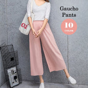 ガウチョパンツ ワイドパンツ 8分丈パンツ ズボン プリーツパンツ レディース 女性 婦人 ボトムス 無地 単色 ゴム ハイウエスト シンプル カジュアル 部屋着 ゆったり