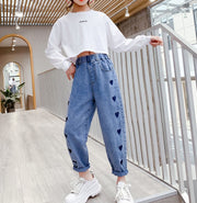 デニムパンツ ロングパンツ キッズ ジュニア 子供 女の子 ガールズ ボトムス ジーンズ 長ズボン ウエストゴム ハート 110 120 130 140 150 カジュアル シンプル お洒落 お出かけ 普段使い 子供服 160