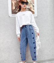 デニムパンツ ロングパンツ キッズ ジュニア 子供 女の子 ガールズ ボトムス ジーンズ 長ズボン ウエストゴム ハート 110 120 130 140 150 カジュアル シンプル お洒落 お出かけ 普段使い 子供服 160