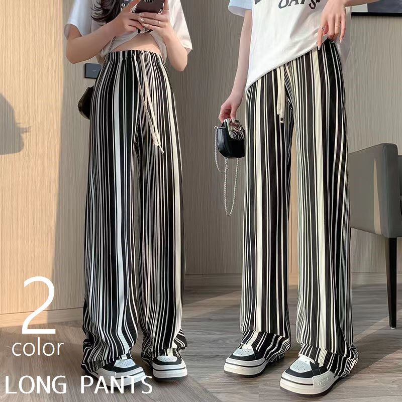 ロングパンツ 長ズボン フレアパンツ ワイドパンツ レディース 婦人 女性 ボトムス リラックスパンツ ウエストゴム ウエスト紐 ストライプ しましま 薄手 おしゃれ カジュアル かわいい シンプル お出かけ ルームウェア 白 黒