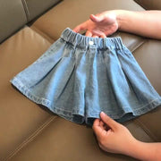 キュロットスカート デニムパンツ ショートパンツ キッズ 子供服 ジュニア 女の子 ボトムス フレア ウエストゴム キュロットパンツ ギャザー 無地 単色 ひらひら かわいい ガーリー 着回し ヘビロテ ベーシック 定番 おしゃれ カジュアル お出かけ 通学 青