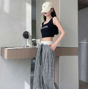 ワイドパンツ ロングパンツ レディース 女性 婦人 女子 大きいサイズ 紐 ハイウエスト ゆったり 体型カバー ストレート カジュアル チェック柄 ギンガムチェック かわいい お洒落