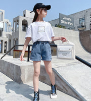 ショートパンツ 半ズボン 短パン デニム ジーンズ ボトムス キッズ ジュニア 女の子 子供服 サイドポケット ハート かわいい キュート カジュアル 着回し ウエストゴム 通園 通学