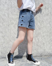 ショートパンツ 半ズボン 短パン デニム ジーンズ ボトムス キッズ ジュニア 女の子 子供服 サイドポケット ハート かわいい キュート カジュアル 着回し ウエストゴム 通園 通学