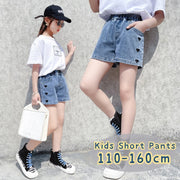 ショートパンツ 半ズボン 短パン デニム ジーンズ ボトムス キッズ ジュニア 女の子 子供服 サイドポケット ハート かわいい キュート カジュアル 着回し ウエストゴム 通園 通学