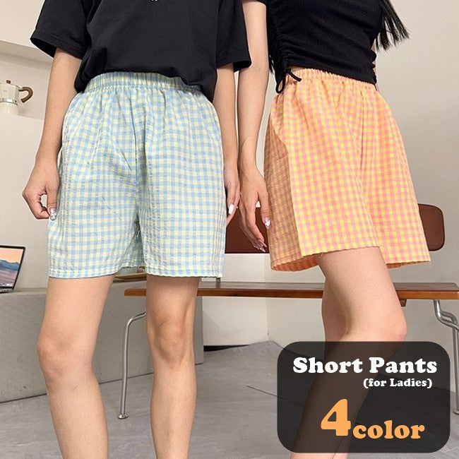 ショートパンツ ハーフパンツ 短パン 半ズボン 部屋着 ルームウェア レディース 女性 ボトムス ショート丈 ミニ丈 ゴムウエスト 総柄 チェック ブルー ブラック オレンジ かわいい キュート ラフ カジュアル 春 夏