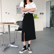 スカート ミディ丈 スリット入り レディース ボトムス 膝下丈 Aライン ハイウエスト 無地 ソリッドカラー 黒 大きいサイズあり 着回し シンプル 婦人服 女性用 お出掛け XS S M L XL 2XL 3XL 4XL