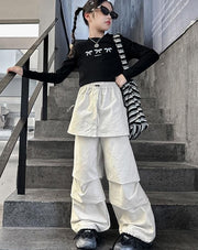 キッズワイドパンツ ロングパンツ キッズ ジュニア 子供 ウエストゴム ラップスカート レイヤードワイドパンツ パンツ ズボン ゆるシルエット ダンス 衣装 ポケット 女の子 男の子 シャカパン カーゴパンツ 130cm 140cm 150cm