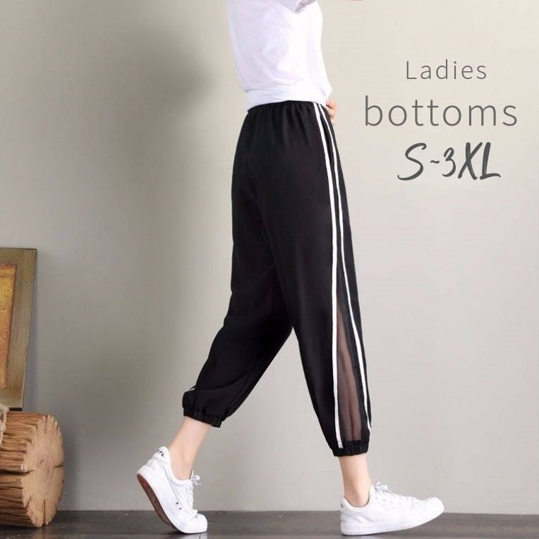 ジョガーパンツ レディース 女性用 ボトムス ロングパンツ 大きいサイズ クロップド丈 スウェット風 サイドライン シースルー 無地 ポケット付き スポーティー おしゃれ かっこいい ゆったり ウエストゴム スポーツ ジム ブラック 黒