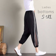 ジョガーパンツ レディース 女性用 ボトムス ロングパンツ 大きいサイズ クロップド丈 スウェット風 サイドライン シースルー 無地 ポケット付き スポーティー おしゃれ かっこいい ゆったり ウエストゴム スポーツ ジム ブラック 黒