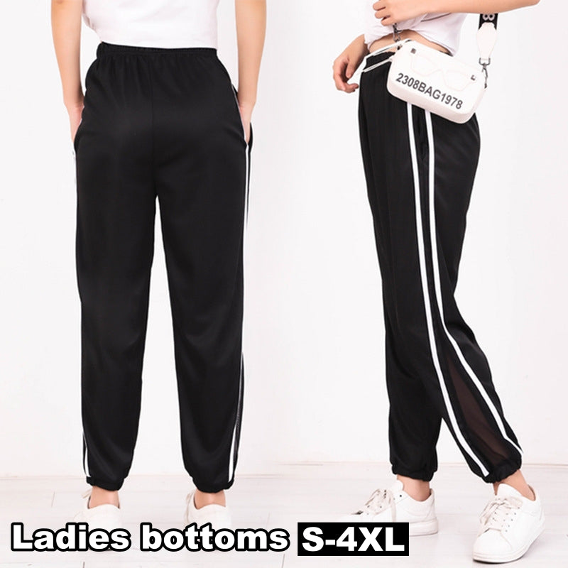 ジョガーパンツ レディース 女性用 ボトムス ロングパンツ クロップド丈 スウェット風 サイドライン シースルー 無地 ポケット付き スポーティー おしゃれ かっこいい ゆったり ウエストゴム スポーツ ジム ブラック 黒 大きいサイズ