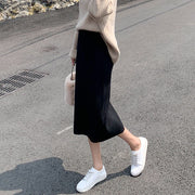 ニットスカート ロング丈 膝下丈 タイトスカート レディース 女性用 ボトムス リブニット ウエストゴム スリット ハイウエスト 単色 かわいい おしゃれ シンプル 上品 きれいめ カジュアル