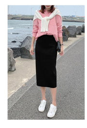 ニットスカート ロング丈 膝下丈 タイトスカート レディース 女性用 ボトムス リブニット ウエストゴム スリット ハイウエスト 単色 かわいい おしゃれ シンプル 上品 きれいめ カジュアル
