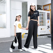 ロングパンツ ワイドパンツ 長ズボン キッズ 子供服 子ども服 女の子 男の子 ユニセックス 親子ペアルック お揃い ボトムス ウエストゴム 裾ゴム ゆったり 無地 ライトグレー ピンク ブラック シンプル カジュアル ラフ 春 夏
