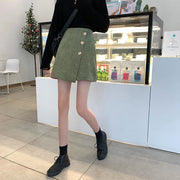 スカート ミニスカート 膝上丈 ボトムス レディース 大きいサイズ 女性 婦人用 Aライン ボタン 巻きスカート風 おしゃれ キュート アシンメトリー かわいい ラップスカート風 シンプル 着回し ブラック グリーン
