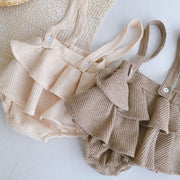 ロンパース ベビー服 サスペンダースカート サロペット 赤ちゃん 女の子 サロペスカート 肩紐 取り外し可 ワッフル ティアードフリル 無地 春夏 ジャンパースカート ベージュ ブラウン おしゃれ 可愛い