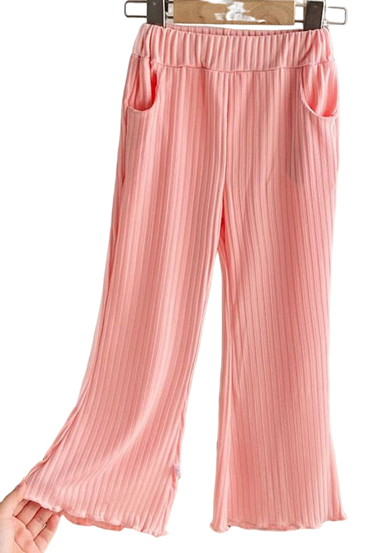 ロングパンツ ワイドパンツ 長ズボン キッズ 子供服 女の子 ボトムス リブニット メロウフリル ウエストゴム ポケット付き ジュニア ベビー シンプル 楽ちん お出掛け 部屋着 ルームウェア