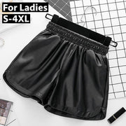 ショートパンツ レザー調 レディース 女性 ボトムス ショート丈 ウエストゴム スリット ハイウエスト 無地 単色 シンプル クール 甘辛MIX PUレザー ブラック 黒 おしゃれ かっこいい ラクチン お出かけ 大きいサイズ 婦人用