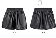 ショートパンツ レザー調 レディース 女性 ボトムス ショート丈 ウエストゴム スリット ハイウエスト 無地 単色 シンプル クール 甘辛MIX PUレザー ブラック 黒 おしゃれ かっこいい ラクチン お出かけ 大きいサイズ 婦人用
