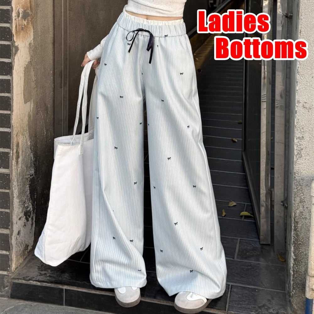 リボン柄ストライプパンツ ワイドパンツ ロングパンツ 長ズボン 接触冷感 シルキータッチ 商品画像