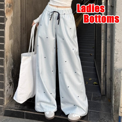 リボン柄ストライプパンツ ワイドパンツ ロングパンツ 長ズボン 接触冷感 シルキータッチ 商品画像