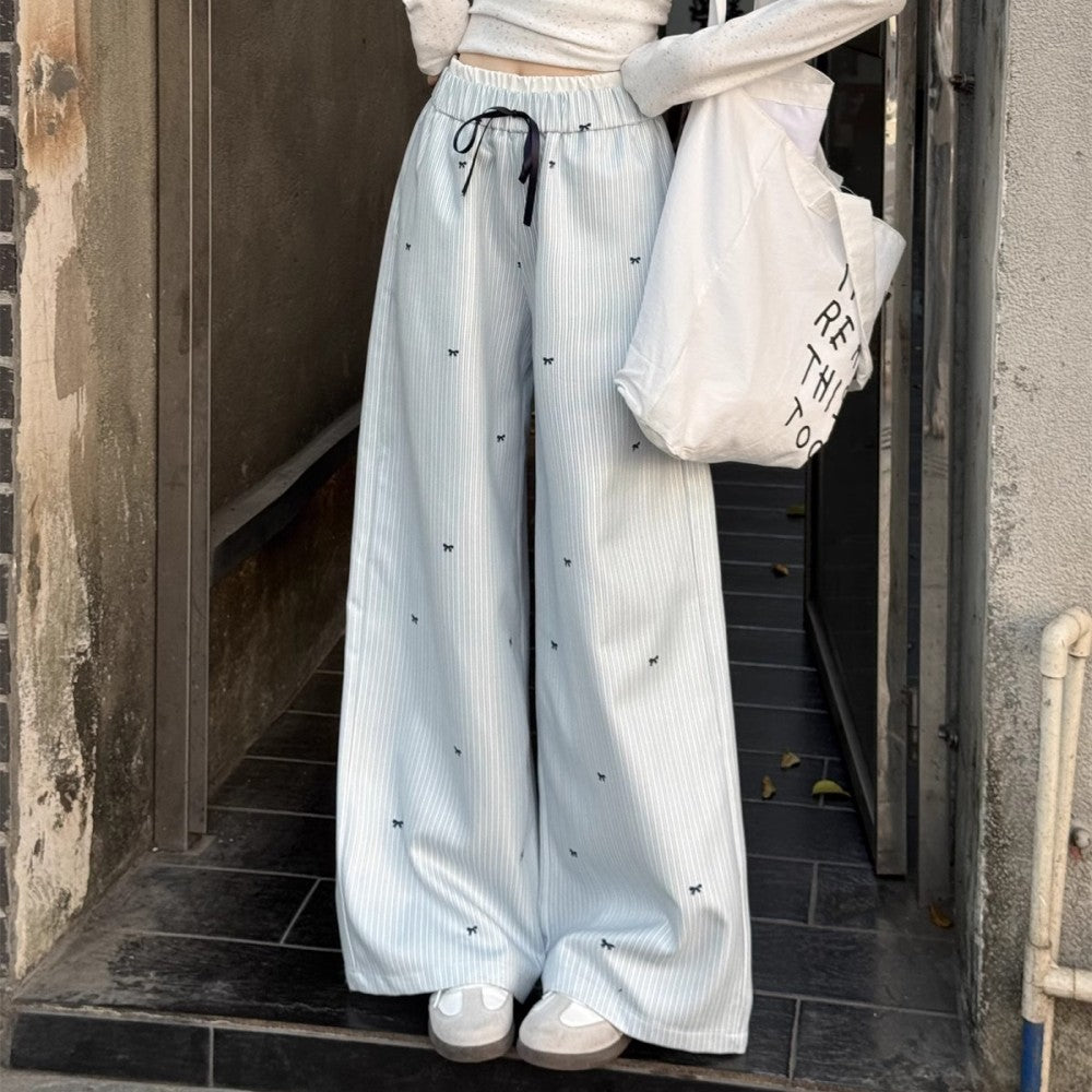リボン柄ストライプパンツ ワイドパンツ ロングパンツ 長ズボン 接触冷感 シルキータッチ 商品画像3