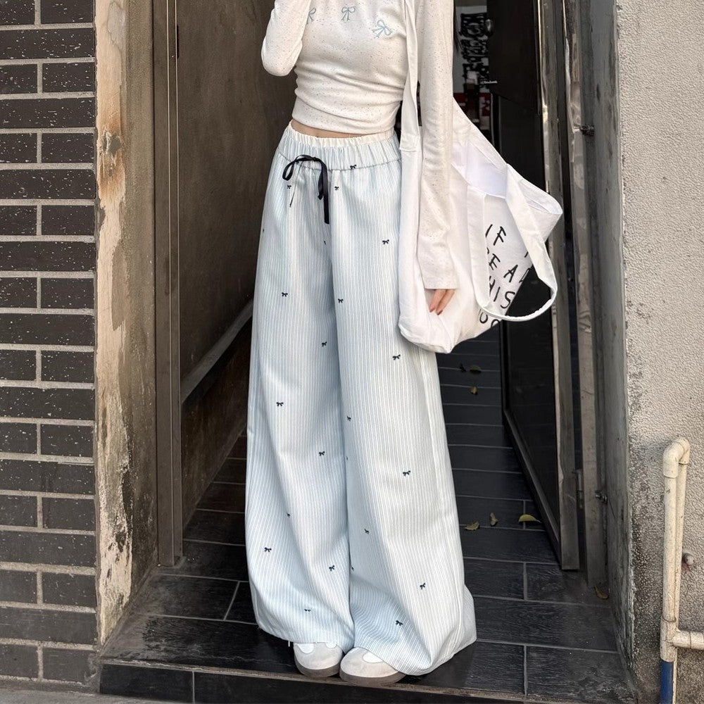 リボン柄ストライプパンツ ワイドパンツ ロングパンツ 長ズボン 接触冷感 シルキータッチ 商品画像4