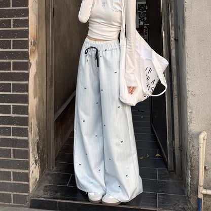 リボン柄ストライプパンツ ワイドパンツ ロングパンツ 長ズボン 接触冷感 シルキータッチ 商品画像4