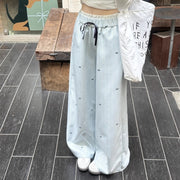 リボン柄ストライプパンツ ワイドパンツ ロングパンツ 長ズボン 接触冷感 シルキータッチ レディース 女性 ボトムス ゴムウエスト ウエストリボン ストライプ バレエコア シンプル カジュアル フェミニン ガーリー 可愛い かわいい キュート おしゃれ 春 夏 ワンマイル