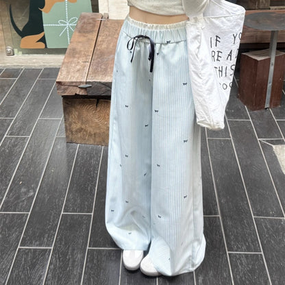 リボン柄ストライプパンツ ワイドパンツ ロングパンツ 長ズボン 接触冷感 シルキータッチ 商品画像5