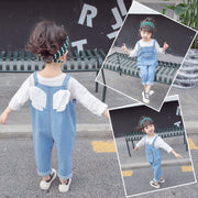 オーバーオール つなぎ パンツ キッズ 子供服 女の子 男の子 サスペンダー 前ポケット 天使の羽 ロング丈 デニム風 ボトムス 無地 カジュアル ユニーク 可愛い 80-120