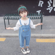 オーバーオール つなぎ パンツ キッズ 子供服 女の子 男の子 サスペンダー 前ポケット 天使の羽 ロング丈 デニム風 ボトムス 無地 カジュアル ユニーク 可愛い 80-120