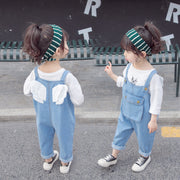 オーバーオール つなぎ パンツ キッズ 子供服 女の子 男の子 サスペンダー 前ポケット 天使の羽 ロング丈 デニム風 ボトムス 無地 カジュアル ユニーク 可愛い 80-120