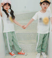 ロングパンツ キッズ ジュニア 女の子 男の子 男女兼用 ジョガーパンツ サイドライン 裾絞り 防蚊 薄手 長ズボン ボトムス ウエストゴム カジュアル 外遊び 通園 通学 部屋着