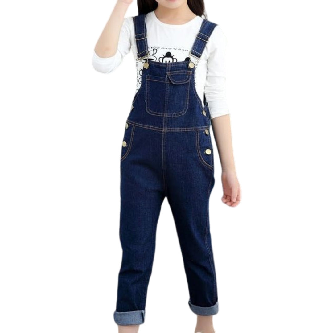 オーバーオール デニム キッズ ジュニア 子供 女の子 男の子 ボトムス サロペット ロング丈 ロングパンツ ポケット 無地 シンプル カジュアル お洒落 着回し 合わせやすい 女児 男児 ガールズ ボーイズ 子供服